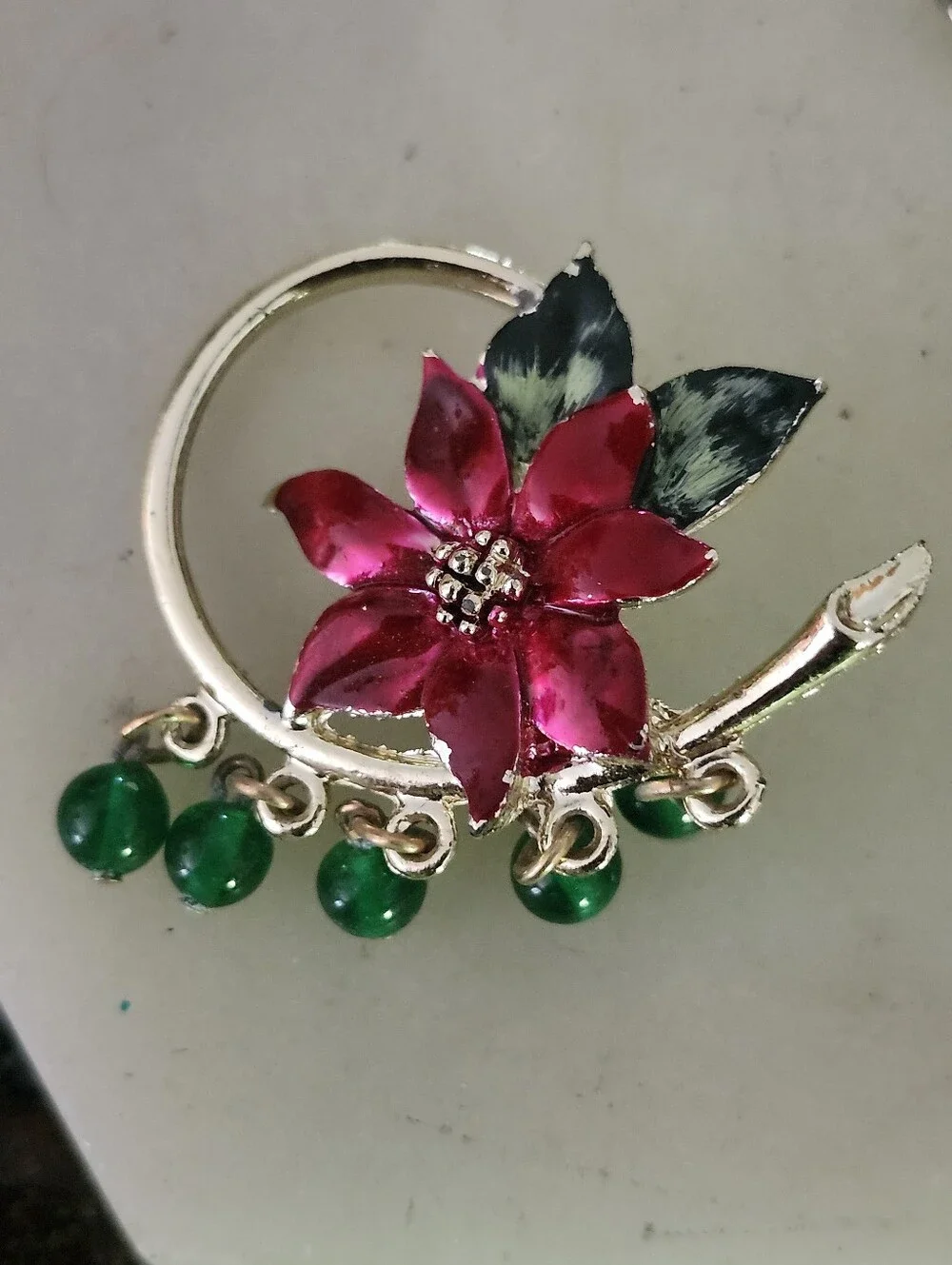 Gold-Tone Pink Flower and Green Bead Women's Brooch